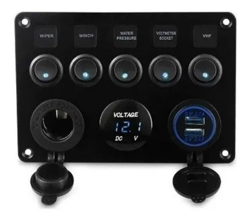 Painel Elétrico 5 Chaves 2 Usb Com Voltímetro Lancha Barco