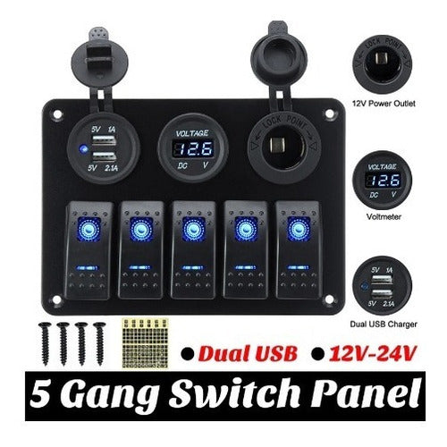 Painel Elétrico 5 Chaves 2 Usb Com Voltímetro Lancha Barco