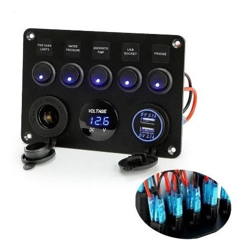 Painel Elétrico 5 Botões 2 Usb Com Voltímetro Lancha Barco