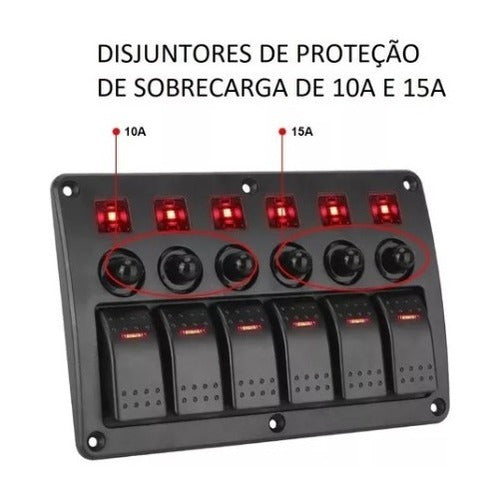 Painel Elétrico 6 Chaves Com Disjuntor Lancha Barco Veleiro