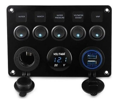 Painel Elétrico 5 Botões 2 Usb Com Voltímetro Lancha Barco