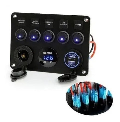 Painel Elétrico 5 Chaves 2 Usb Com Voltímetro Lancha Barco