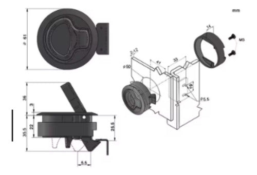 Kit 2 Puxadores De Tampa Com Chave Náutico P/ Barco Lancha Preto