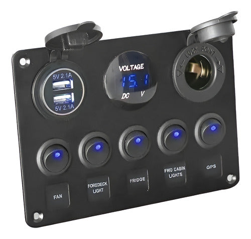 Painel Elétrico 5 Chaves 2 Usb Com Voltímetro Lancha Barco