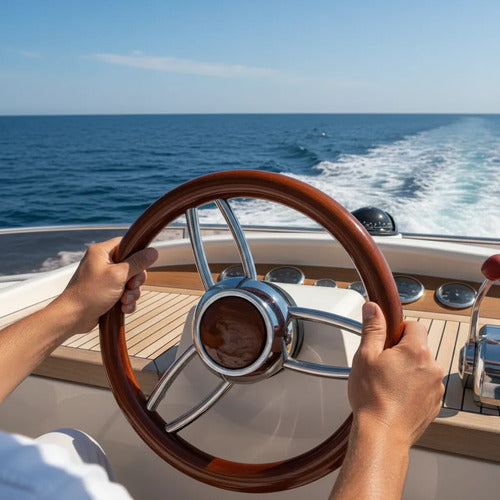 Volante Náutico Para Barco Em Aço Inox E Madeira Mogno 35cm