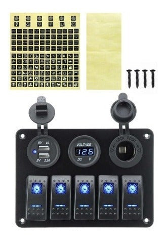 Painel Elétrico 5 Chaves 2 Usb Com Voltímetro Lancha Barco