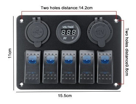 Painel Elétrico 5 Chaves 2 Usb Com Voltímetro Lancha Barco