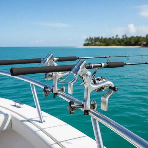 Kit 6 Suportes P/ Vara Pesca Mão Santa Móvel P/ Barco Lancha Prateado