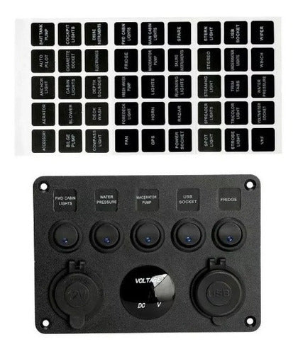 Painel Elétrico 5 Botões 2 Usb Com Voltímetro Lancha Barco