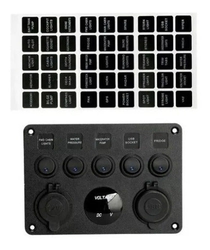 Painel Elétrico 5 Chaves 2 Usb Com Voltímetro Lancha Barco