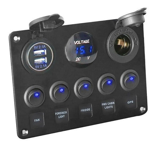 Painel Elétrico 5 Botões 2 Usb Com Voltímetro Lancha Barco